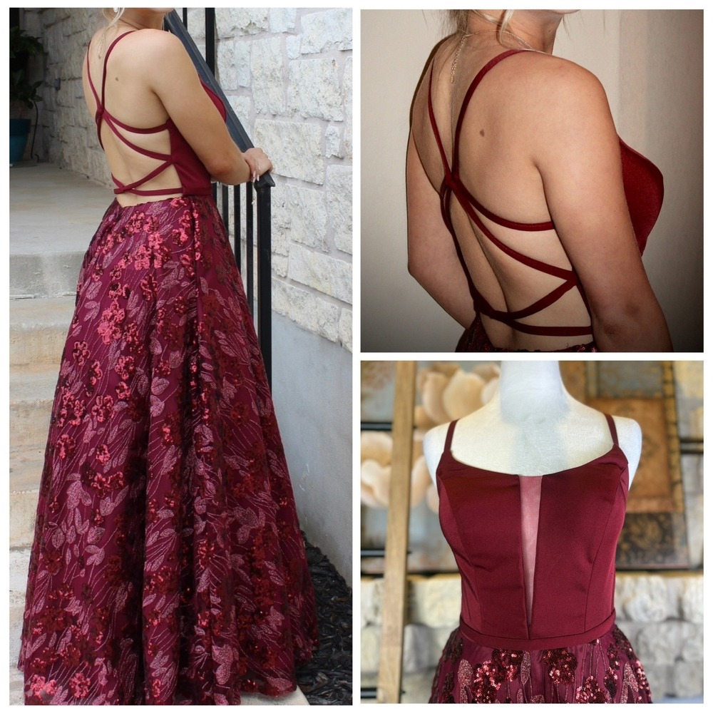 Rich's Apparel Burgundy Sequin Formal Gown Strappy Back Pockets Size 0 Petite